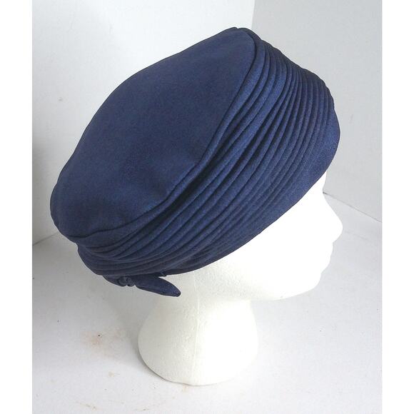 Vintage Pleated Blue Pillbox Turban Hat - Picture 1 of 9